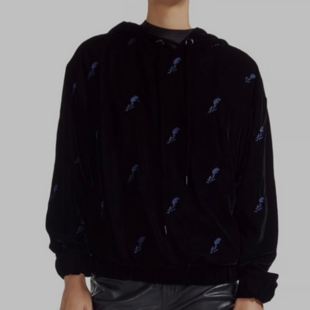 Maje Black Velour hoodie with embroidery.